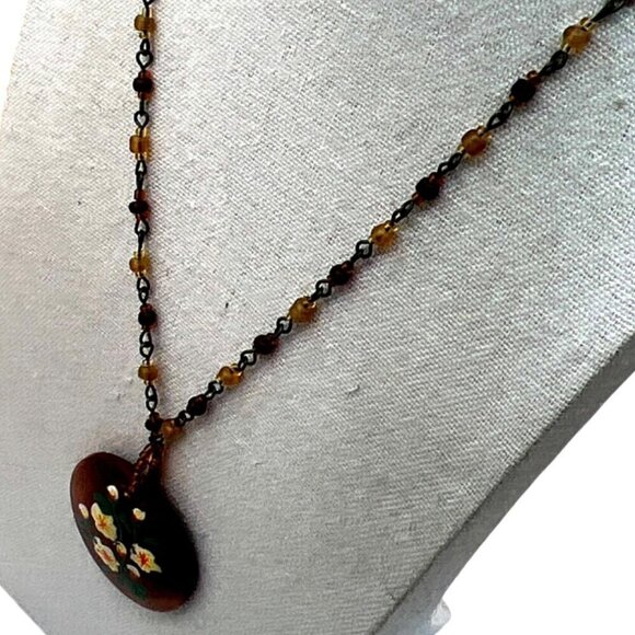 Vintage Hand-Painted Floral Pendant Necklace With Beaded Chain. B44 - Picture 5 of 13